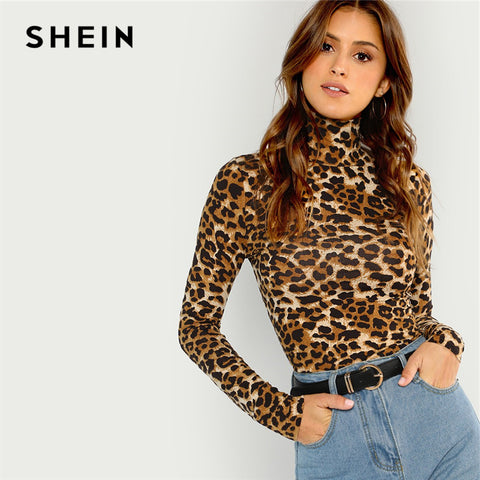 SHEIN Brown Highstreet Office Lady High Neck Leopard Print Fitted Pullovers Long Sleeve Tee 2018 Autumn Casual Women T-shirt Top
