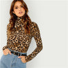 SHEIN Brown Highstreet Office Lady High Neck Leopard Print Fitted Pullovers Long Sleeve Tee 2018 Autumn Casual Women T-shirt Top